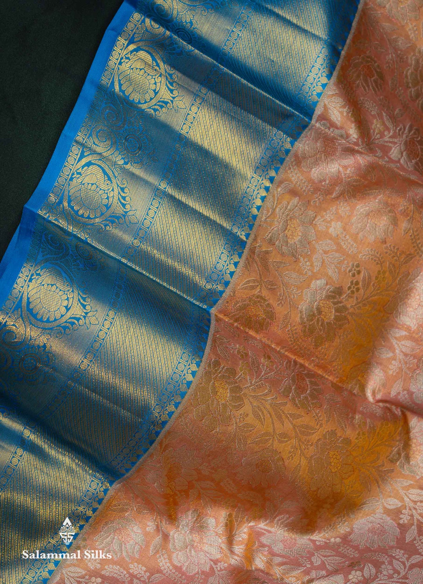 Beautiful Peach Tissue Bridal Pure Kanjivaram Silk Saree With Contrast Blue Traditional Border