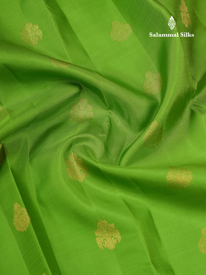 Korvai Beautiful Parrot Green Pure Kanjivaram Silk Saree With Contrast Pink Traditional Border