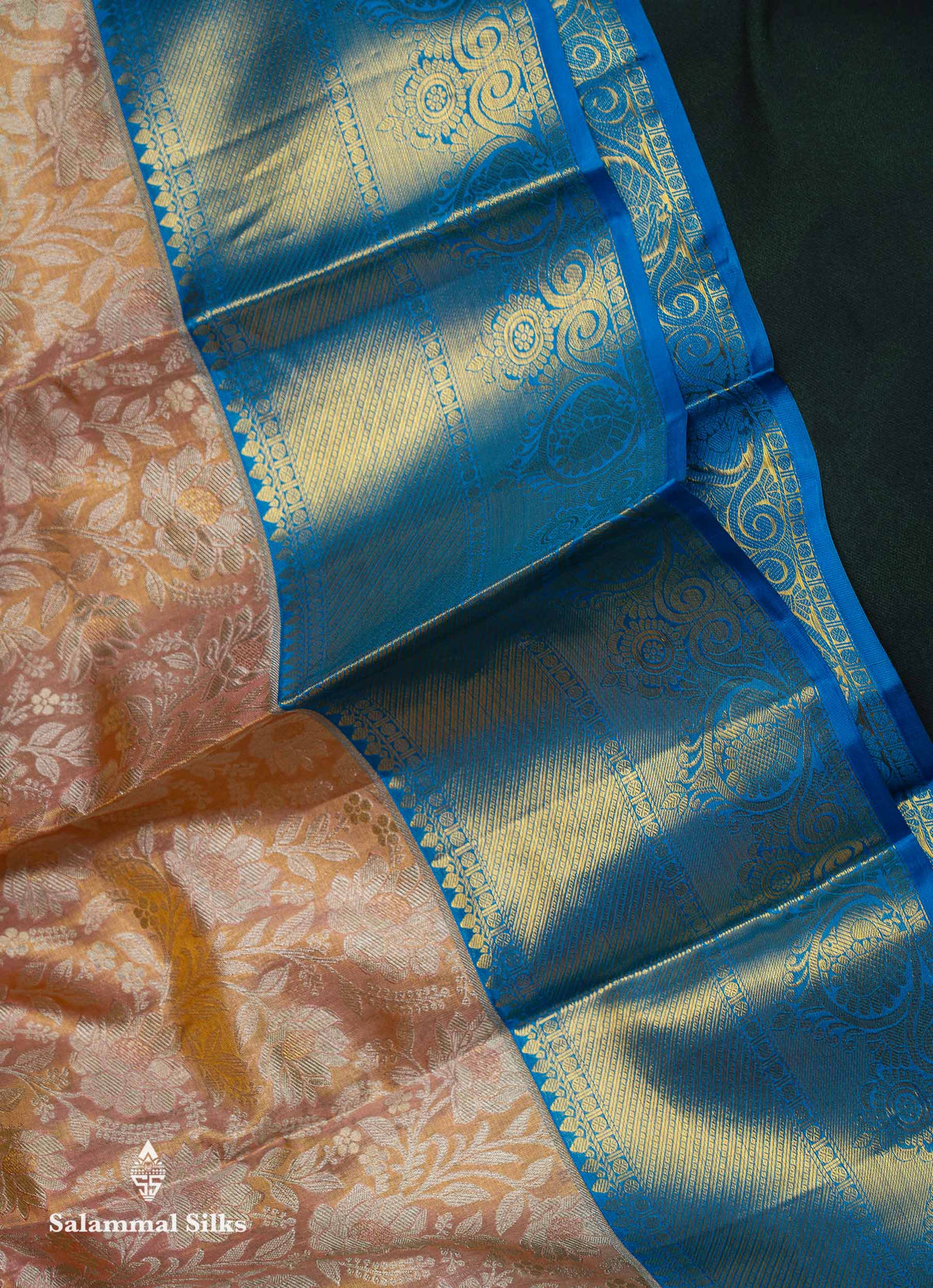 Beautiful Peach Tissue Bridal Pure Kanjivaram Silk Saree With Contrast Blue Traditional Border