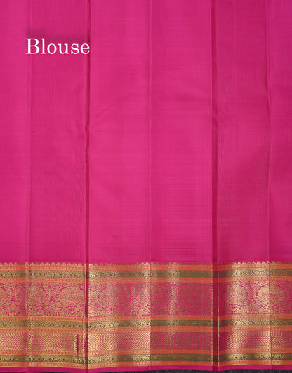 Korvai Beautiful Parrot Green Pure Kanjivaram Silk Saree With Contrast Pink Traditional Border