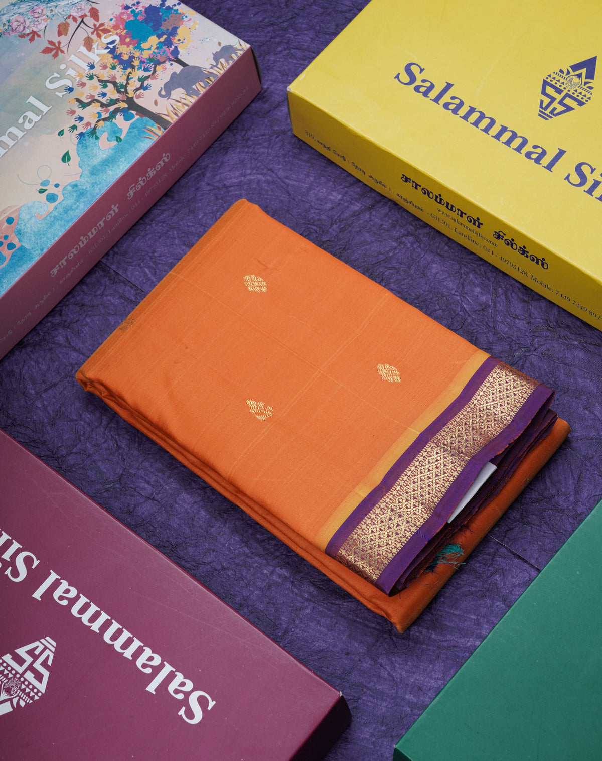 Mango Yellow Pure Kanjivaram Silk Saree With Contrast Purple Small One Side Border