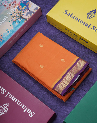 Mango Yellow Pure Kanjivaram Silk Saree With Contrast Purple Small One Side Border