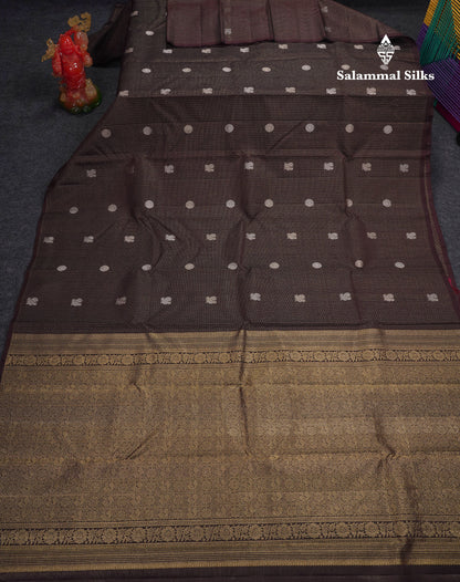 Beautiful Dark Brown Traditional Checks And Peacock & Chakaram Butta Pure Kanjivaram Silk Saree With Blouse
