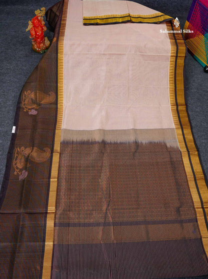 Pure Silk Cotton Saree - Light Peach Along With Contrast Snuff Brown Traditional Evening Morning Border