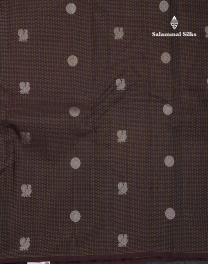 Beautiful Dark Brown Traditional Checks And Peacock & Chakaram Butta Pure Kanjivaram Silk Saree With Blouse