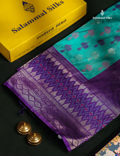 Beautiful Blue Ekkat Design Semi Silk Saree With Contrast Violet Fancy Border