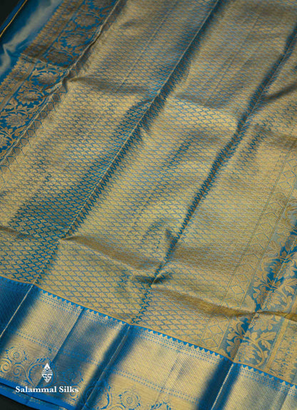 Beautiful Peach Tissue Bridal Pure Kanjivaram Silk Saree With Contrast Blue Traditional Border