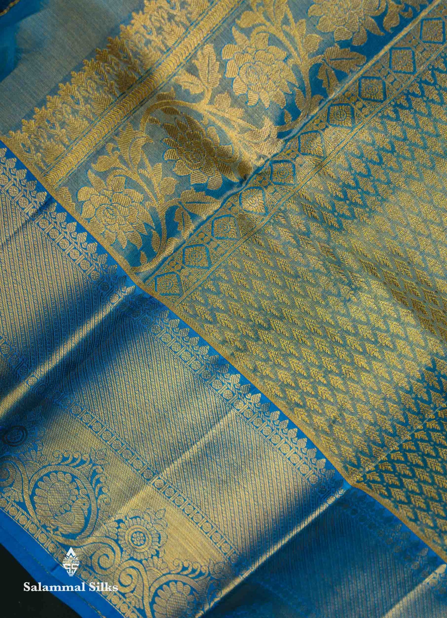 Beautiful Peach Tissue Bridal Pure Kanjivaram Silk Saree With Contrast Blue Traditional Border