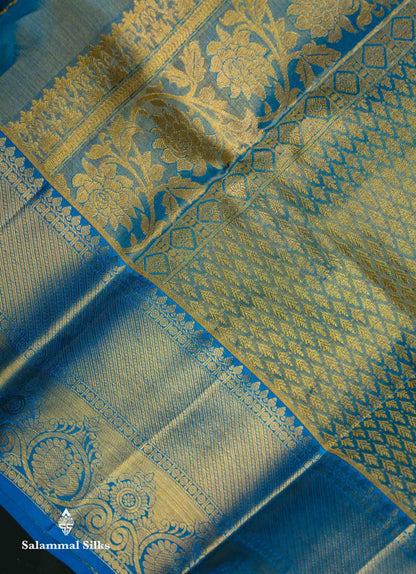 Beautiful Peach Tissue Bridal Pure Kanjivaram Silk Saree With Contrast Blue Traditional Border