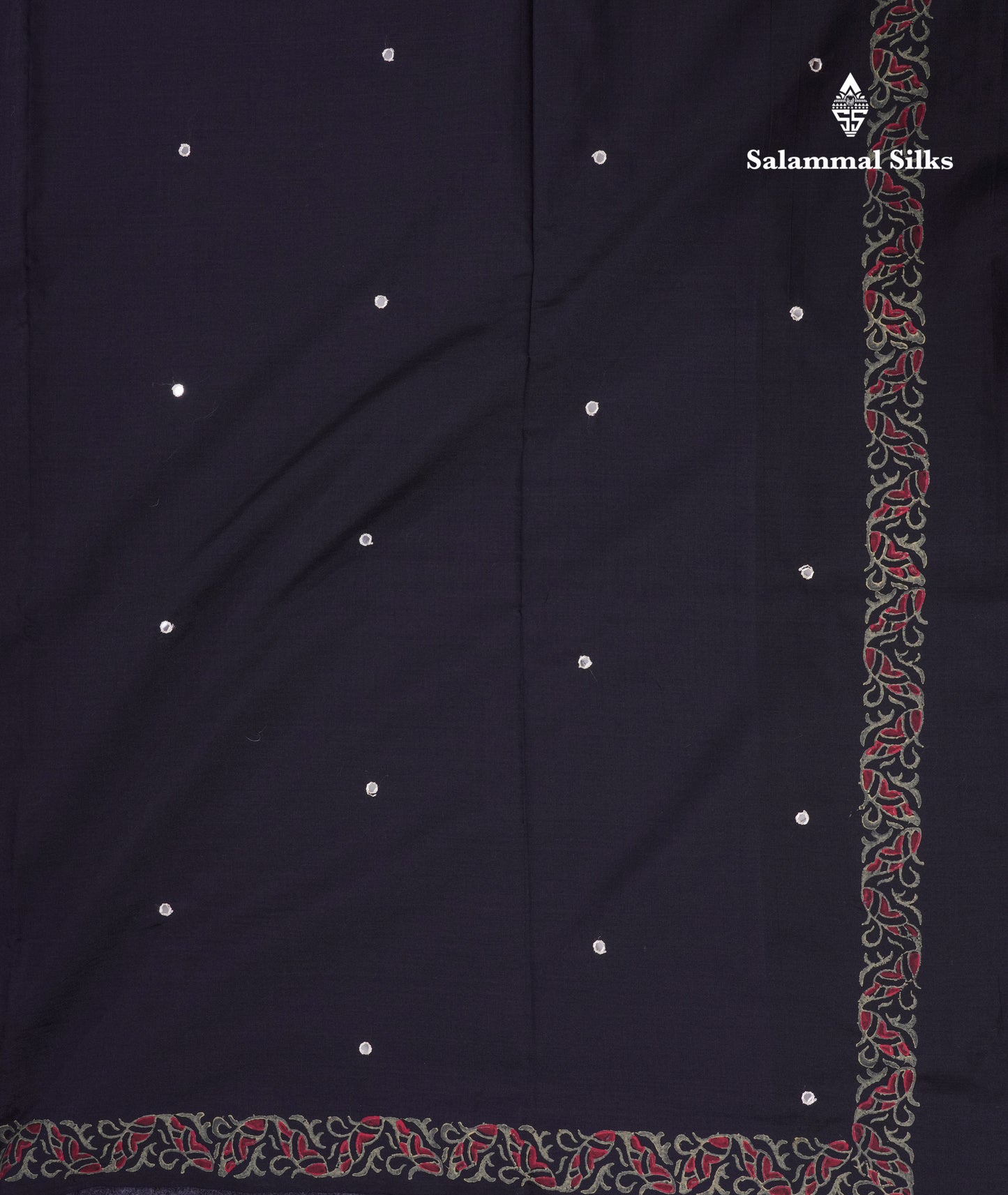 Beautiful Black Mirror Work South Cotton Printed Saree With Contrast Elephant Grey Blouse