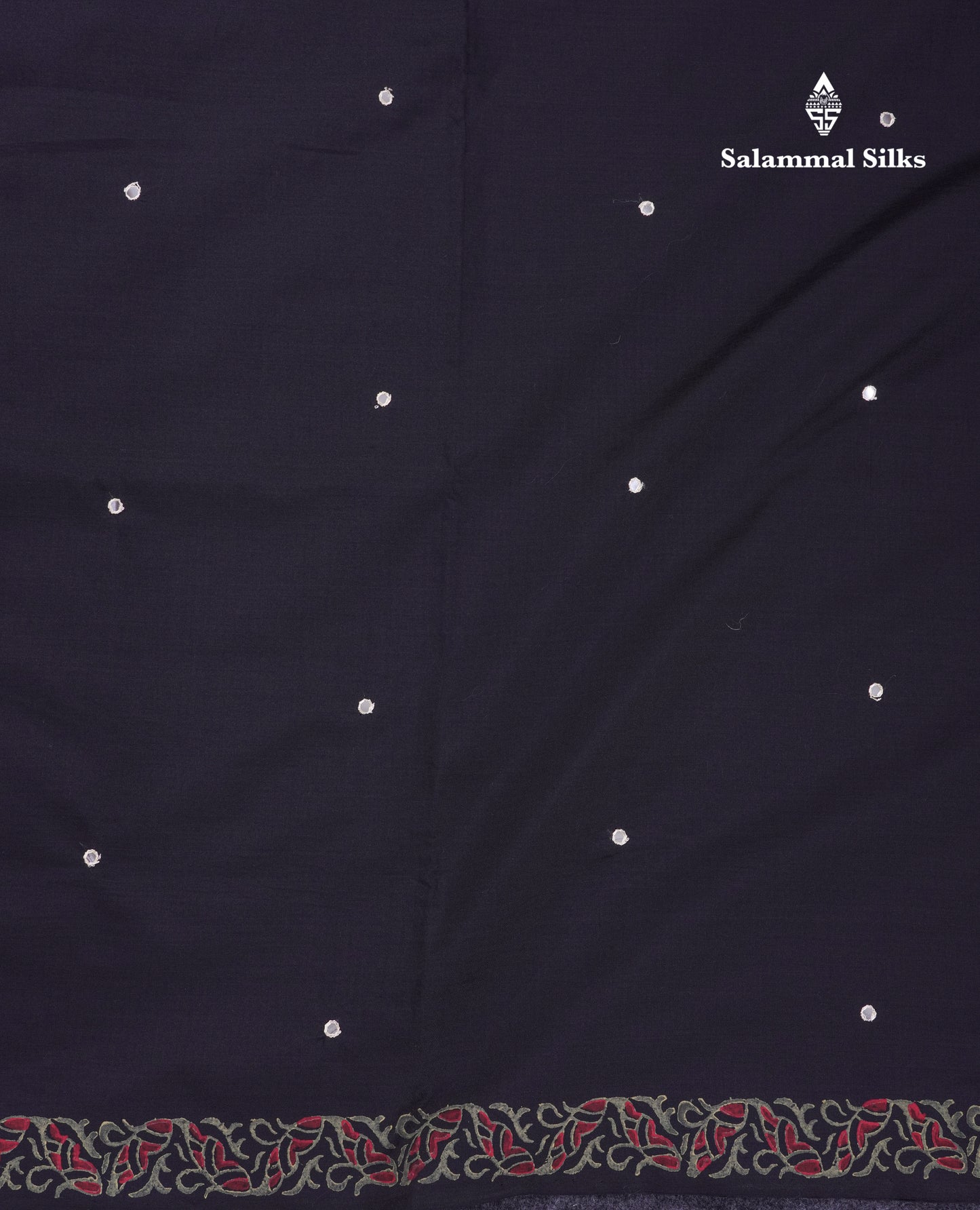 Beautiful Black Mirror Work South Cotton Printed Saree With Contrast Elephant Grey Blouse