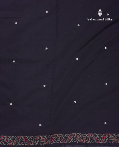 Beautiful Black Mirror Work South Cotton Printed Saree With Contrast Elephant Grey Blouse