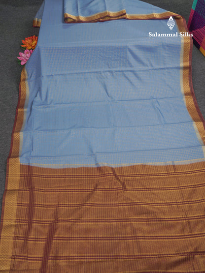 Sky Blue Small Checks Semi Mysore Crepe Saree With Contrast Navy Blue Small Border
