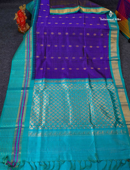 Pure Silk Cotton Saree - Dual Tone Royal Blue Checks With Butta Along With Contrast Dual Tone Sapphire Blue Traditional Evening Morning Border