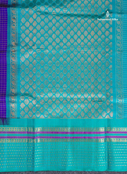 Pure Silk Cotton Saree - Dual Tone Royal Blue Checks With Butta Along With Contrast Dual Tone Sapphire Blue Traditional Evening Morning Border