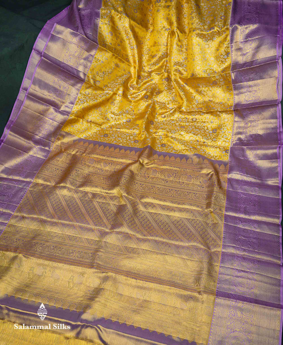 Beautiful Gold Tissue Bridal Pure Kanjivaram Silk Saree With Contrast Lavender Traditional Border