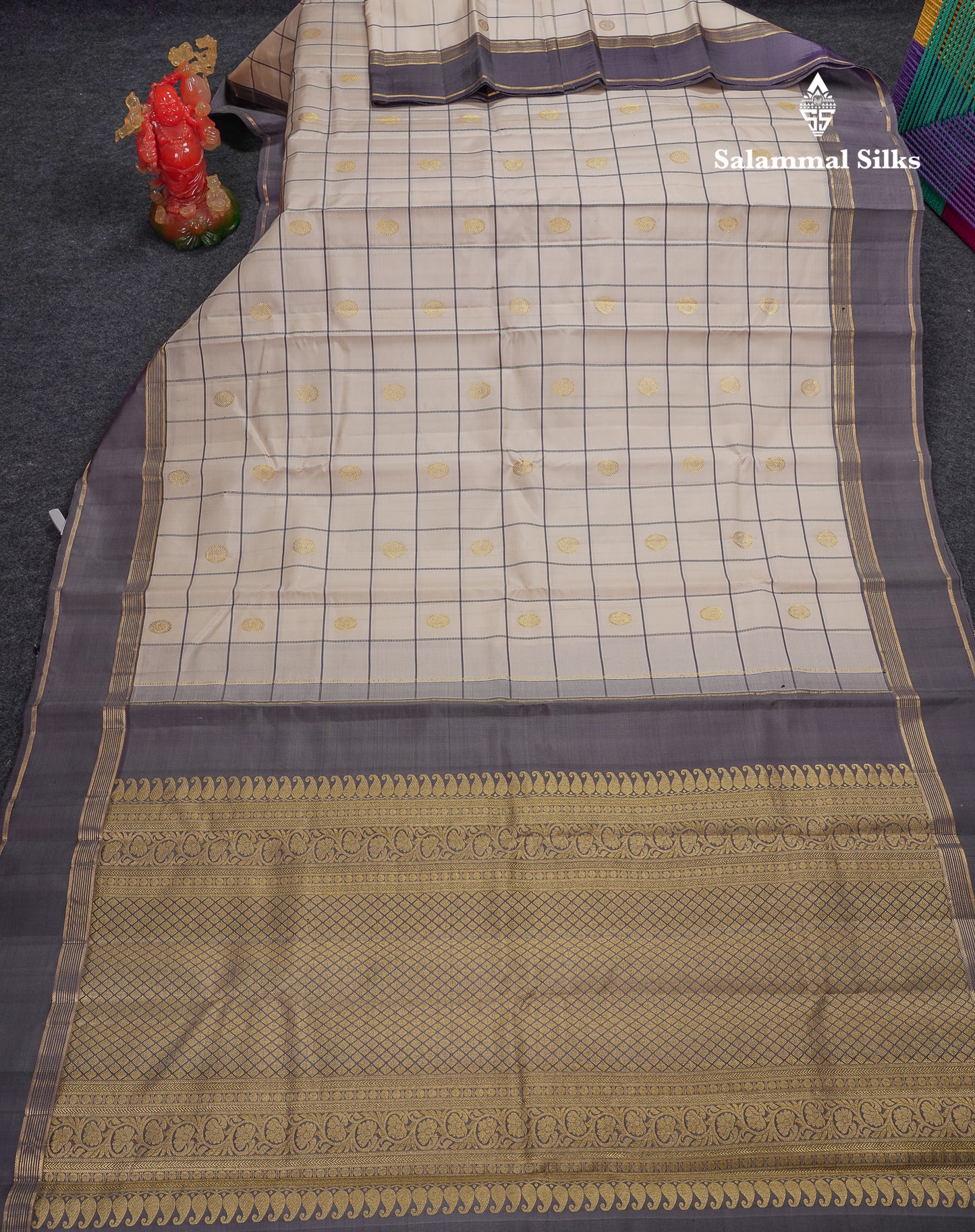 Beautiful Half White Checks With Peacock Butta Pure Kanjivaram Silk Saree With Contrast Light Violet Traditional Gap Border