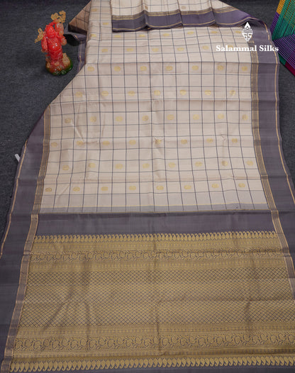 Beautiful Half White Checks With Peacock Butta Pure Kanjivaram Silk Saree With Contrast Light Violet Traditional Gap Border