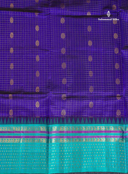 Pure Silk Cotton Saree - Dual Tone Royal Blue Checks With Butta Along With Contrast Dual Tone Sapphire Blue Traditional Evening Morning Border