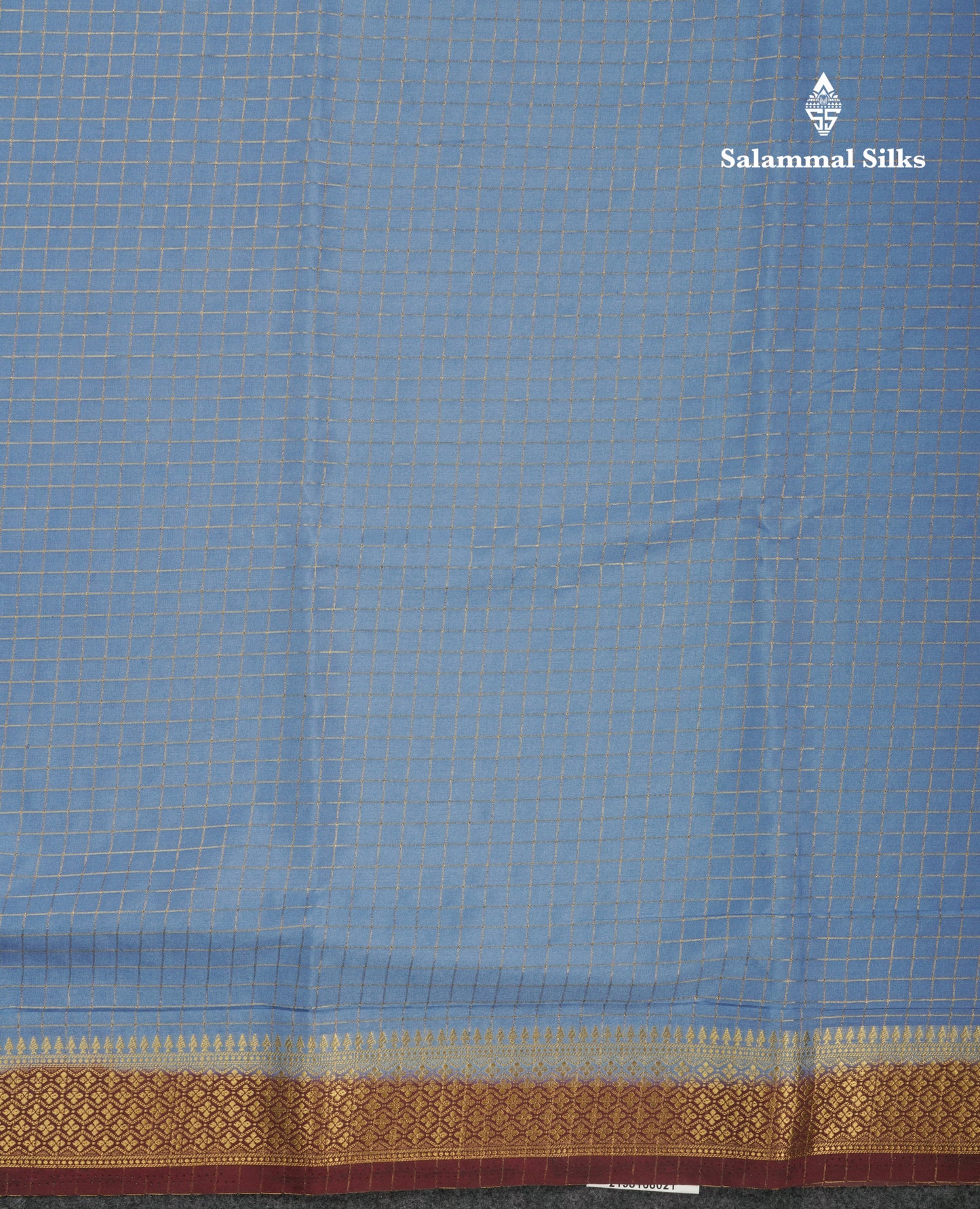 Sky Blue Small Checks Semi Mysore Crepe Saree With Contrast Navy Blue Small Border