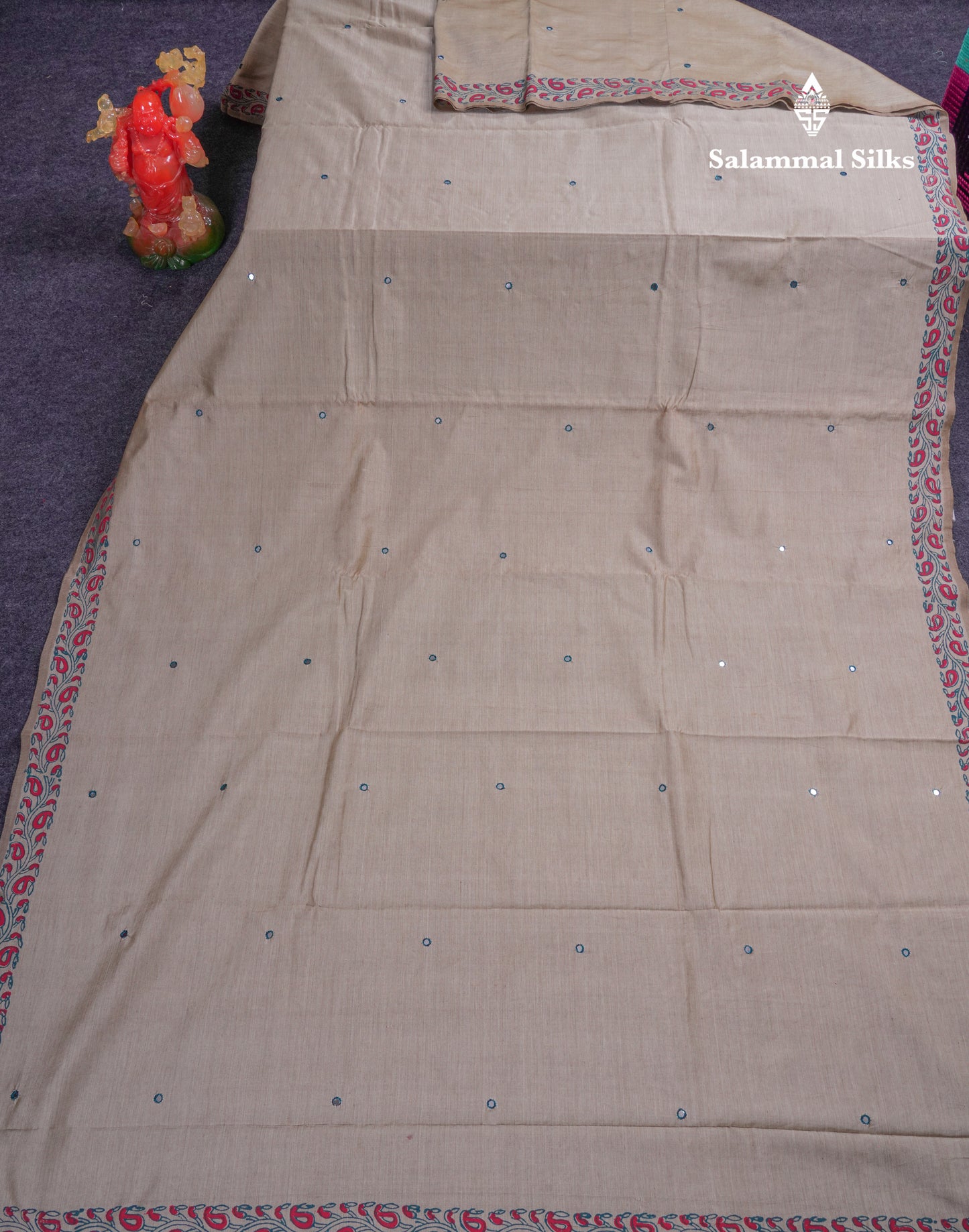 Beautiful Cream Sandal Mirror Work South Cotton Printed Saree With Contrast Pink Blouse