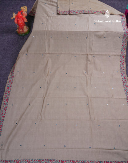 Beautiful Cream Sandal Mirror Work South Cotton Printed Saree With Contrast Pink Blouse