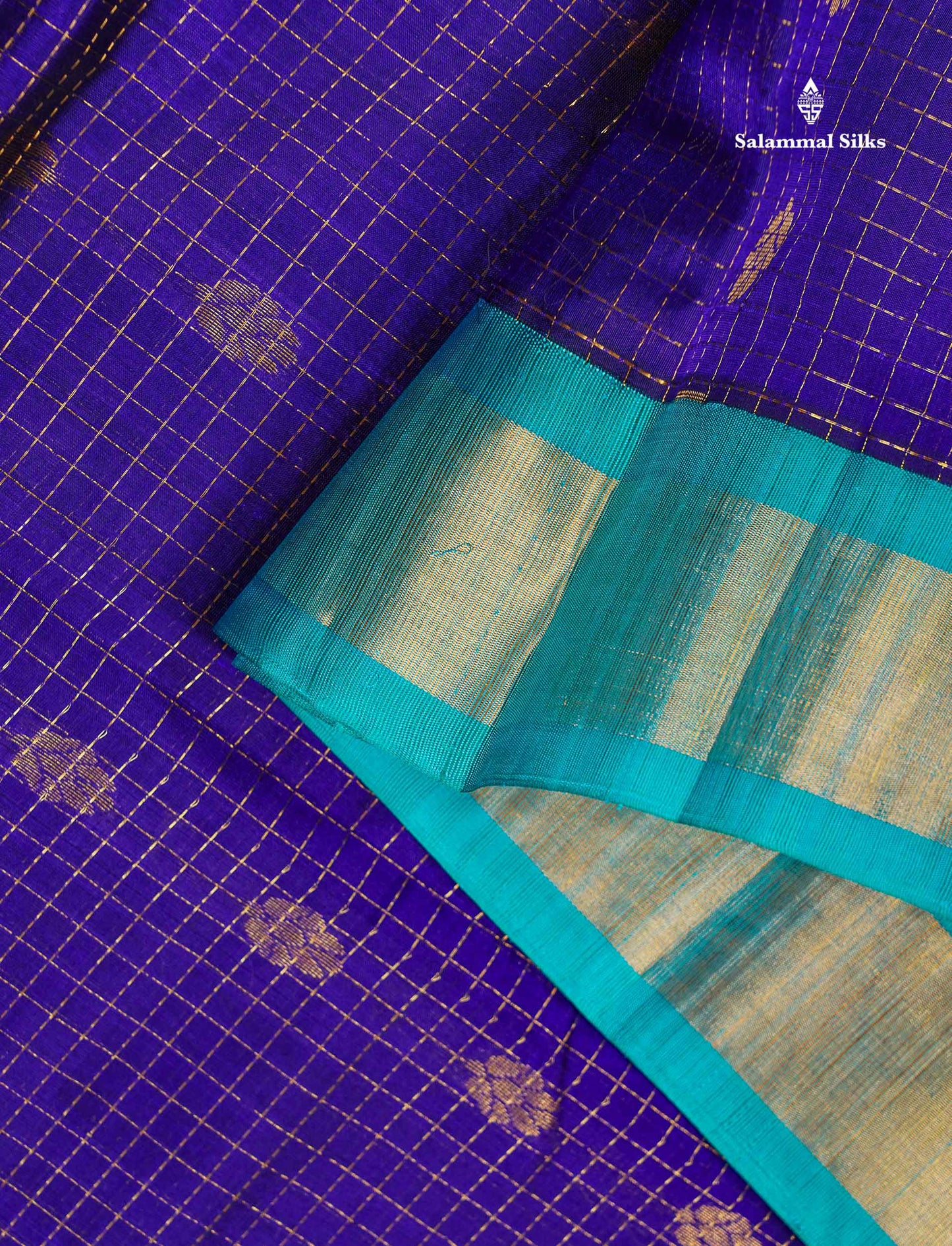 Pure Silk Cotton Saree - Dual Tone Royal Blue Checks With Butta Along With Contrast Dual Tone Sapphire Blue Traditional Evening Morning Border