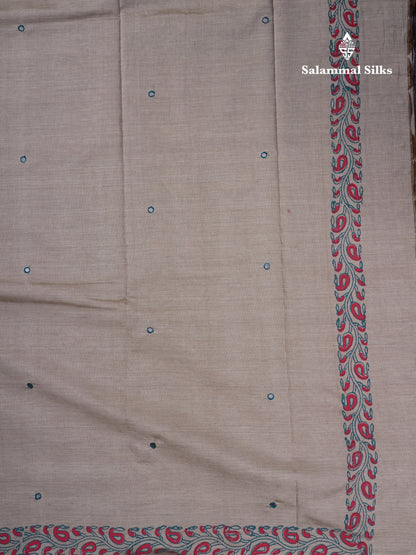 Beautiful Cream Sandal Mirror Work South Cotton Printed Saree With Contrast Pink Blouse