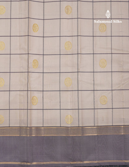 Beautiful Half White Checks With Peacock Butta Pure Kanjivaram Silk Saree With Contrast Light Violet Traditional Gap Border