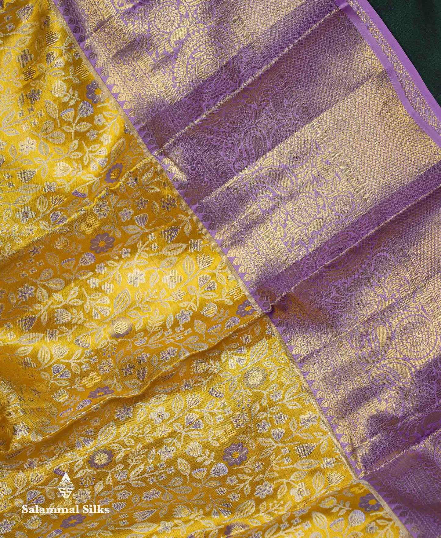 Beautiful Gold Tissue Bridal Pure Kanjivaram Silk Saree With Contrast Lavender Traditional Border