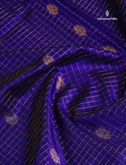 Pure Silk Cotton Saree - Dual Tone Royal Blue Checks With Butta Along With Contrast Dual Tone Sapphire Blue Traditional Evening Morning Border