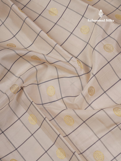 Beautiful Half White Checks With Peacock Butta Pure Kanjivaram Silk Saree With Contrast Light Violet Traditional Gap Border