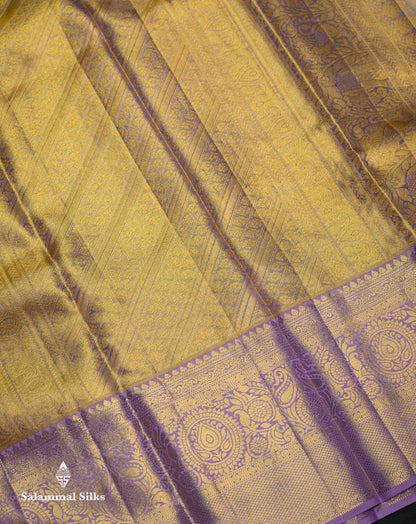 Beautiful Gold Tissue Bridal Pure Kanjivaram Silk Saree With Contrast Lavender Traditional Border