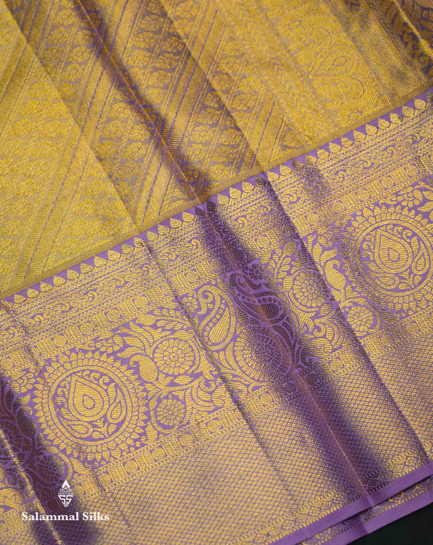 Beautiful Gold Tissue Bridal Pure Kanjivaram Silk Saree With Contrast Lavender Traditional Border