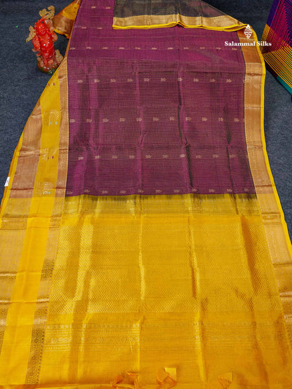 Pure Silk Cotton Saree - Magenta Small Checks With Butta Along With Contrast Yellow Traditional Evening Morning Border