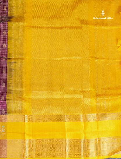 Pure Silk Cotton Saree - Magenta Small Checks With Butta Along With Contrast Yellow Traditional Evening Morning Border