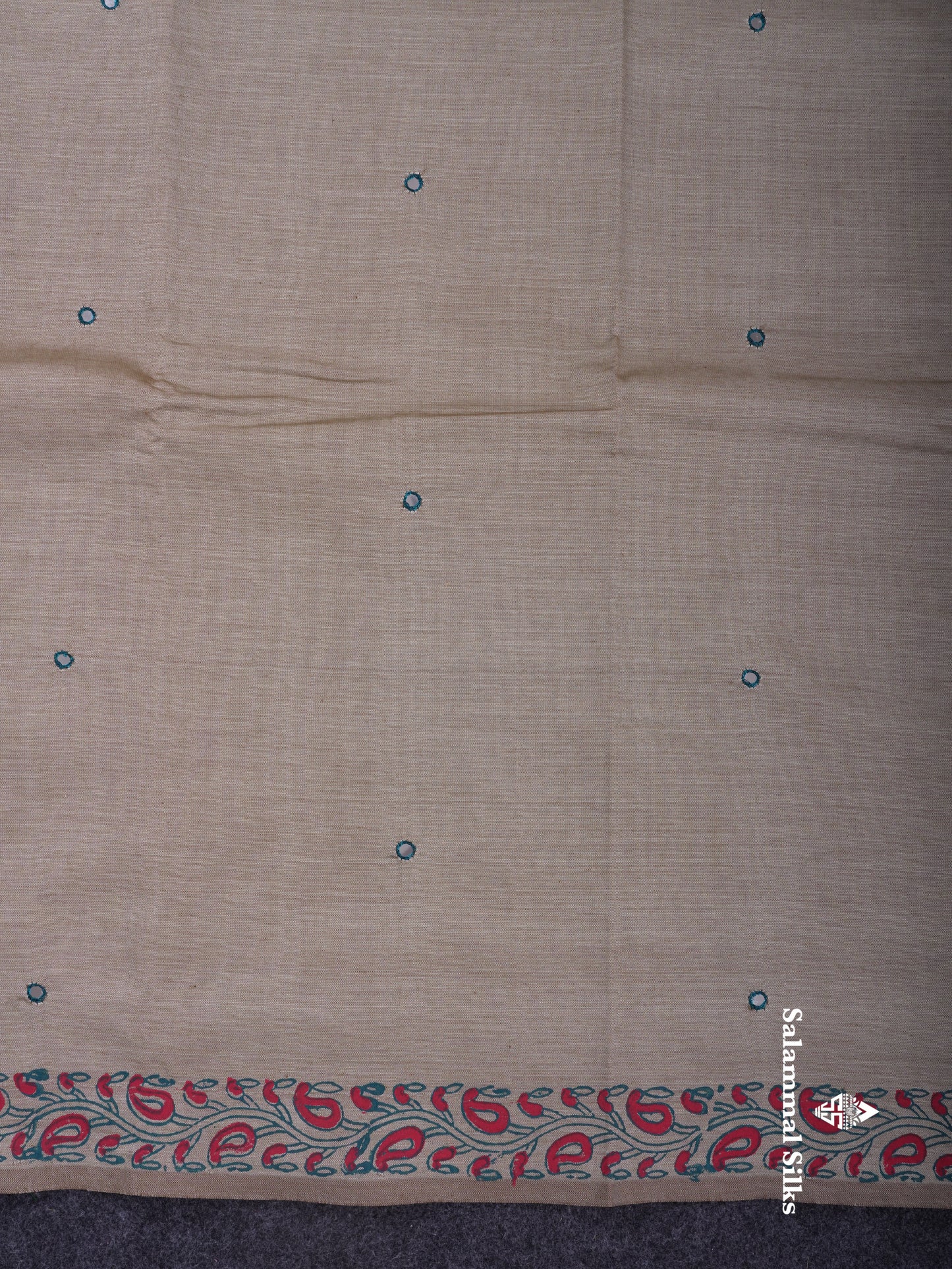 Beautiful Cream Sandal Mirror Work South Cotton Printed Saree With Contrast Pink Blouse