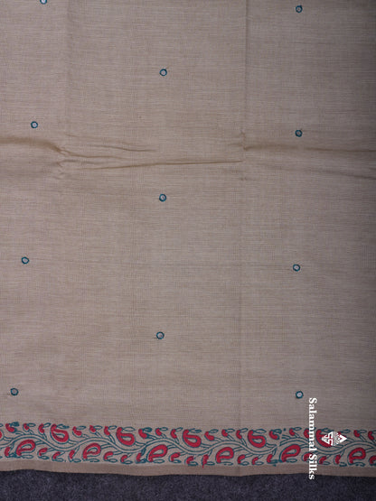 Beautiful Cream Sandal Mirror Work South Cotton Printed Saree With Contrast Pink Blouse