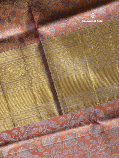 Beautiful Orange Tissue Pure Kanjivaram Silk Saree (2G) Zari With Contrast Lavender Border