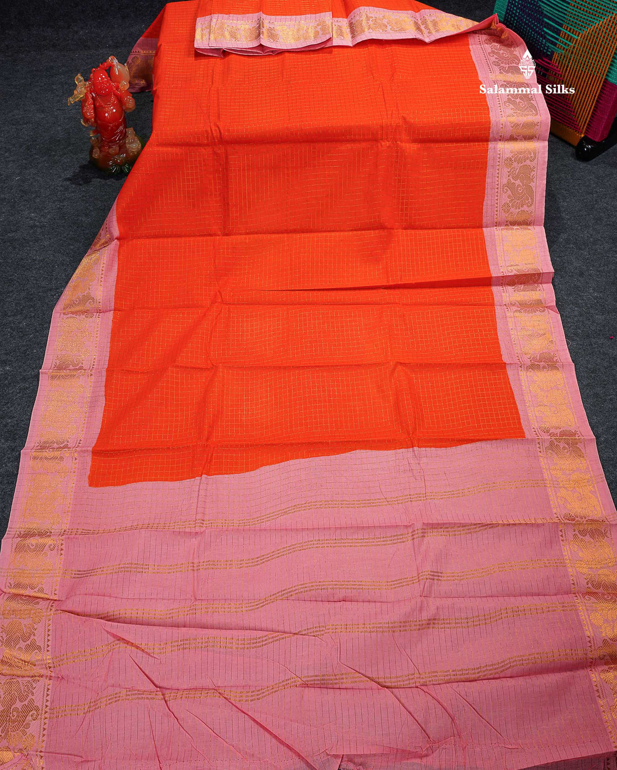 Sungudi Cotton Saree - Orange Colour Body Small Zari Checks With Baby Pink Border