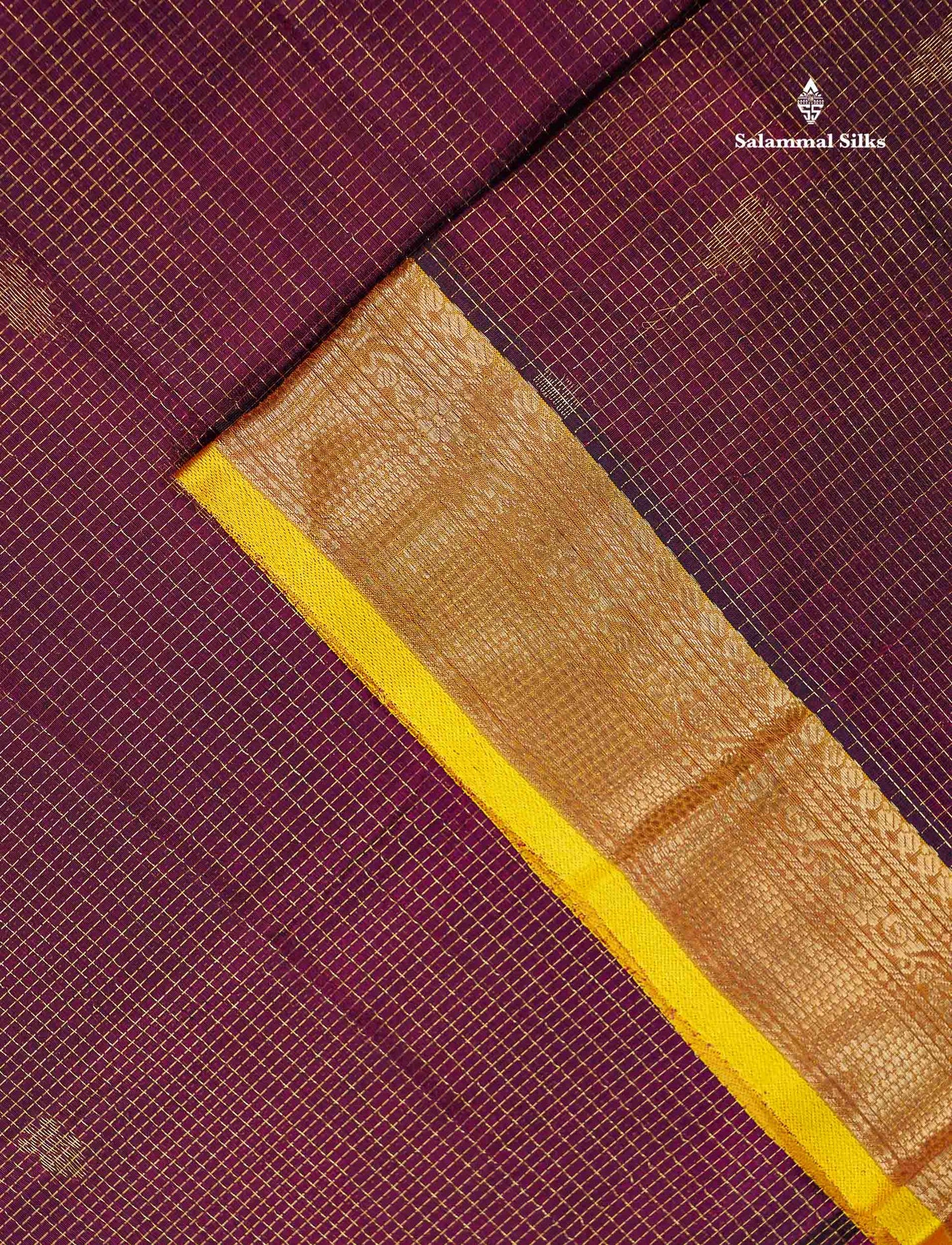Pure Silk Cotton Saree - Magenta Small Checks With Butta Along With Contrast Yellow Traditional Evening Morning Border