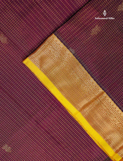 Pure Silk Cotton Saree - Magenta Small Checks With Butta Along With Contrast Yellow Traditional Evening Morning Border