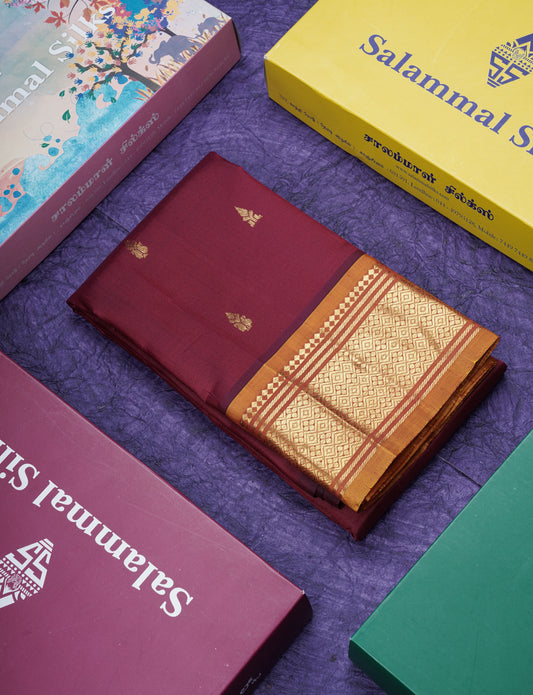 Dark Maroon Pure Kanjivaram Silk Saree With Contrast Mustard Yellow One Side Border