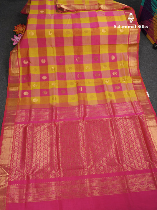 Paalum Pazham Checks Pure Silk Cotton Saree With Contrast Pink Blouse