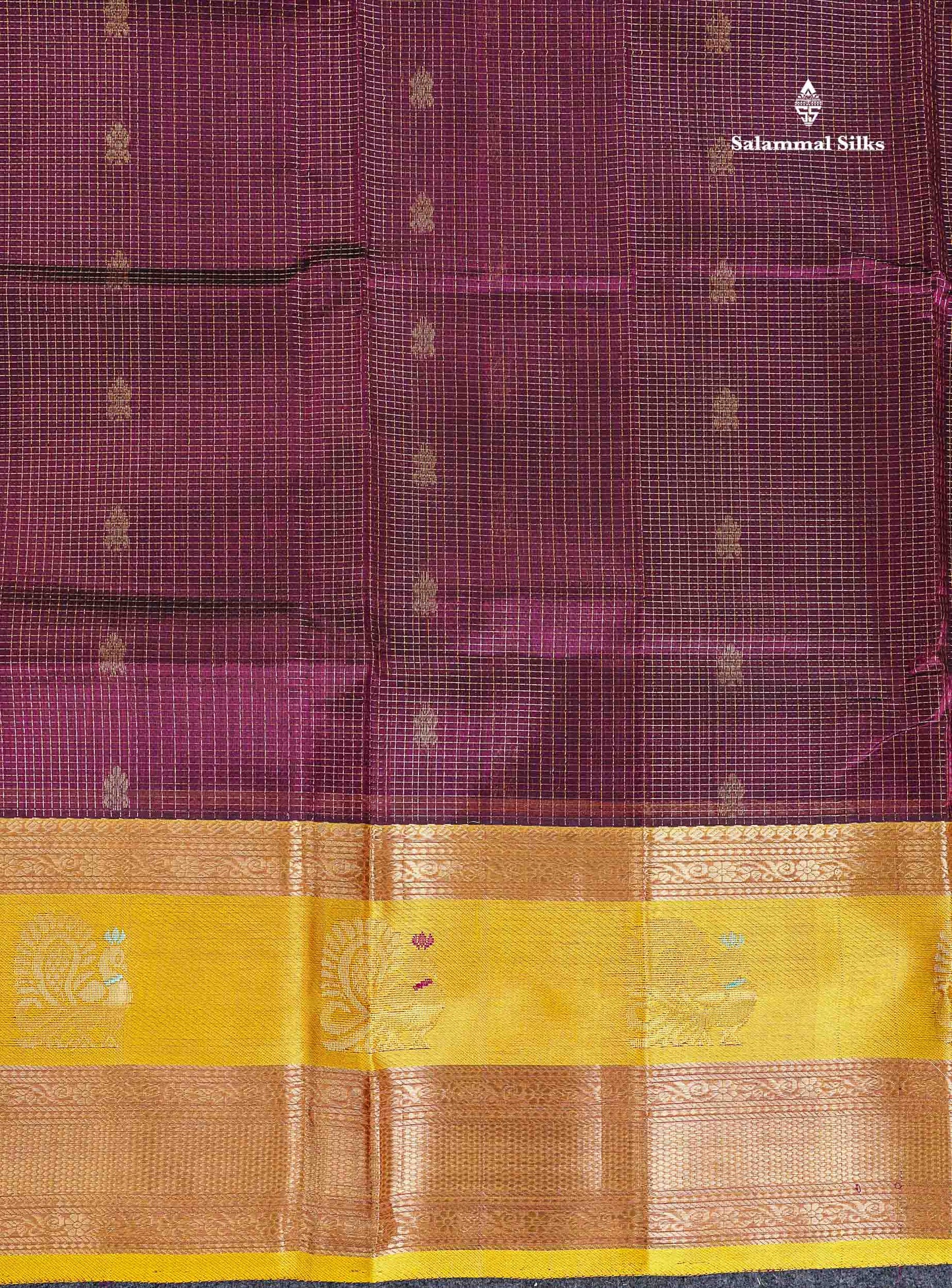 Pure Silk Cotton Saree - Magenta Small Checks With Butta Along With Contrast Yellow Traditional Evening Morning Border