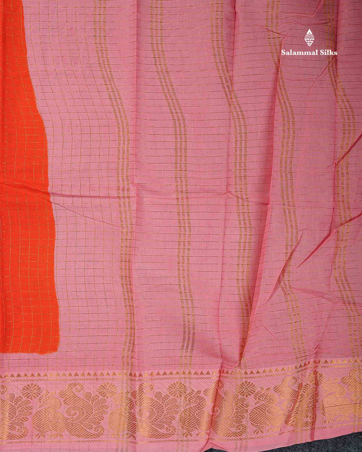 Sungudi Cotton Saree - Orange Colour Body Small Zari Checks With Baby Pink Border