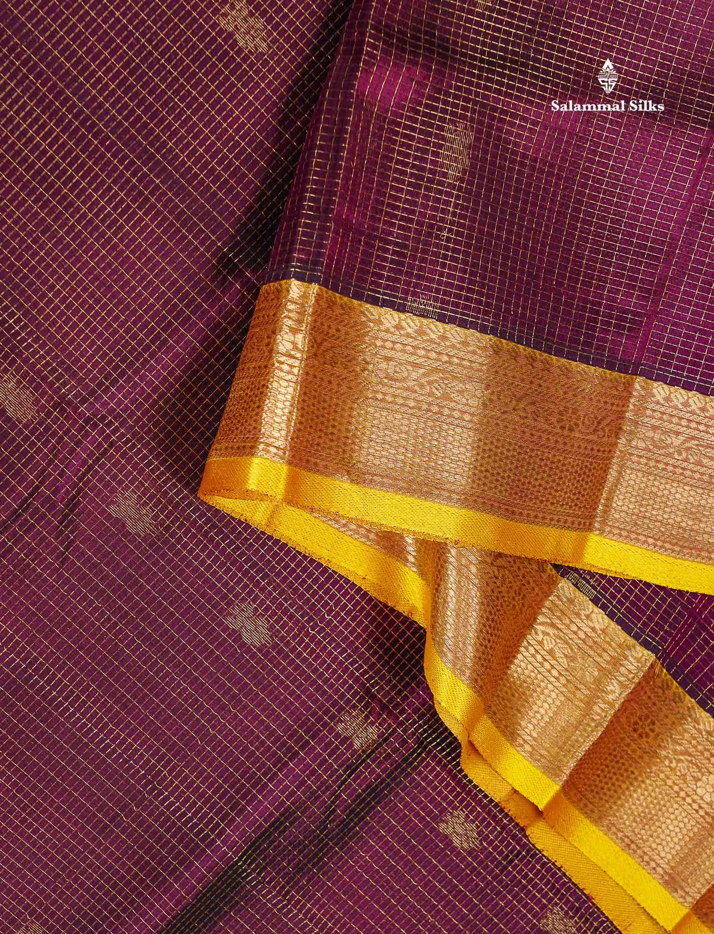 Pure Silk Cotton Saree - Magenta Small Checks With Butta Along With Contrast Yellow Traditional Evening Morning Border