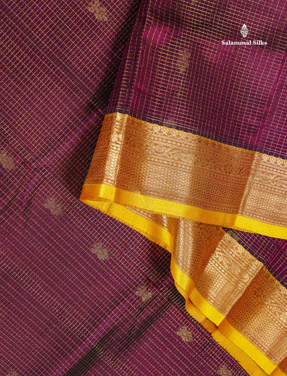 Pure Silk Cotton Saree - Magenta Small Checks With Butta Along With Contrast Yellow Traditional Evening Morning Border