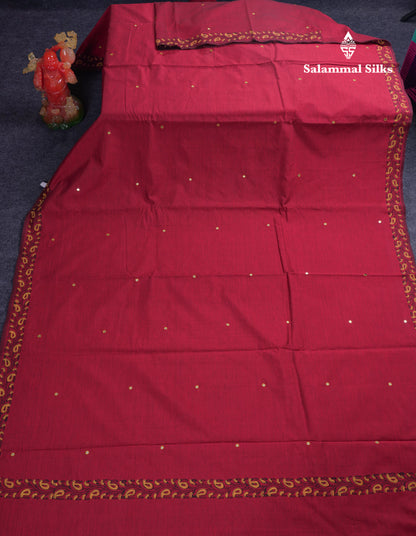 Beautiful Maroon Mirror Work South Cotton Printed Saree With Contrast Yellow Blouse