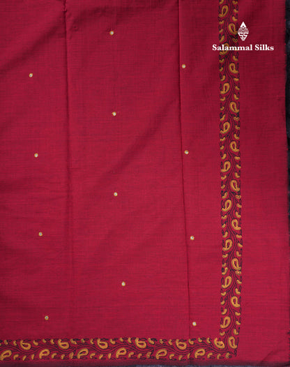 Beautiful Maroon Mirror Work South Cotton Printed Saree With Contrast Yellow Blouse